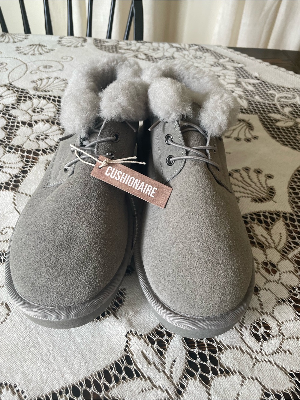 Cushionaire Gray Faux-Fur Lined Genuine Suede Lace up Booties